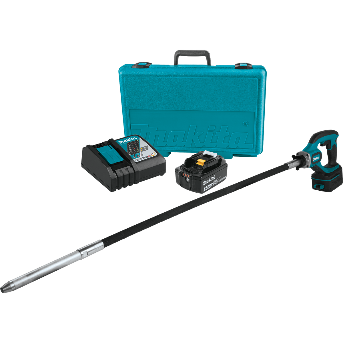 Makita XRV01T 18V LXT 4 ft. concrete vibrator kit with batteries, charger and case