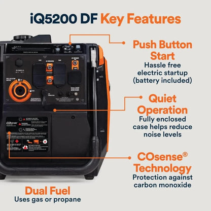 Generac IQ5200 5,200 Watt Dual Fuel 50-State Portable Inverter Generator with COsense Technology