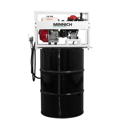 Minnich Multi-Purpose Sprayer full view mounted on 50-gallon drum with spray gun and hose