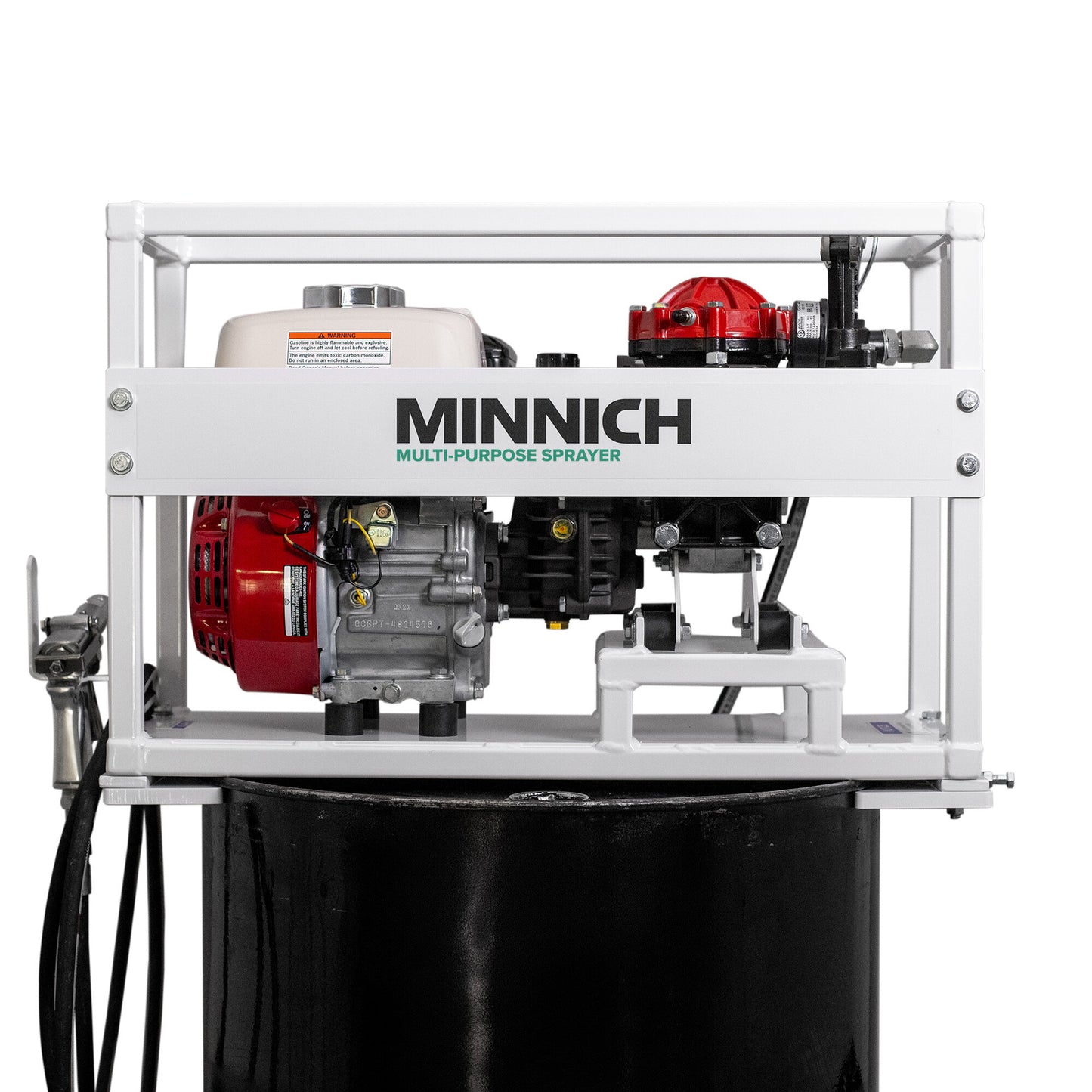 Minnich Multi-Purpose Sprayer mounted on a 50-gallon drum — front view with Honda GX160 engine and diaphragm pump