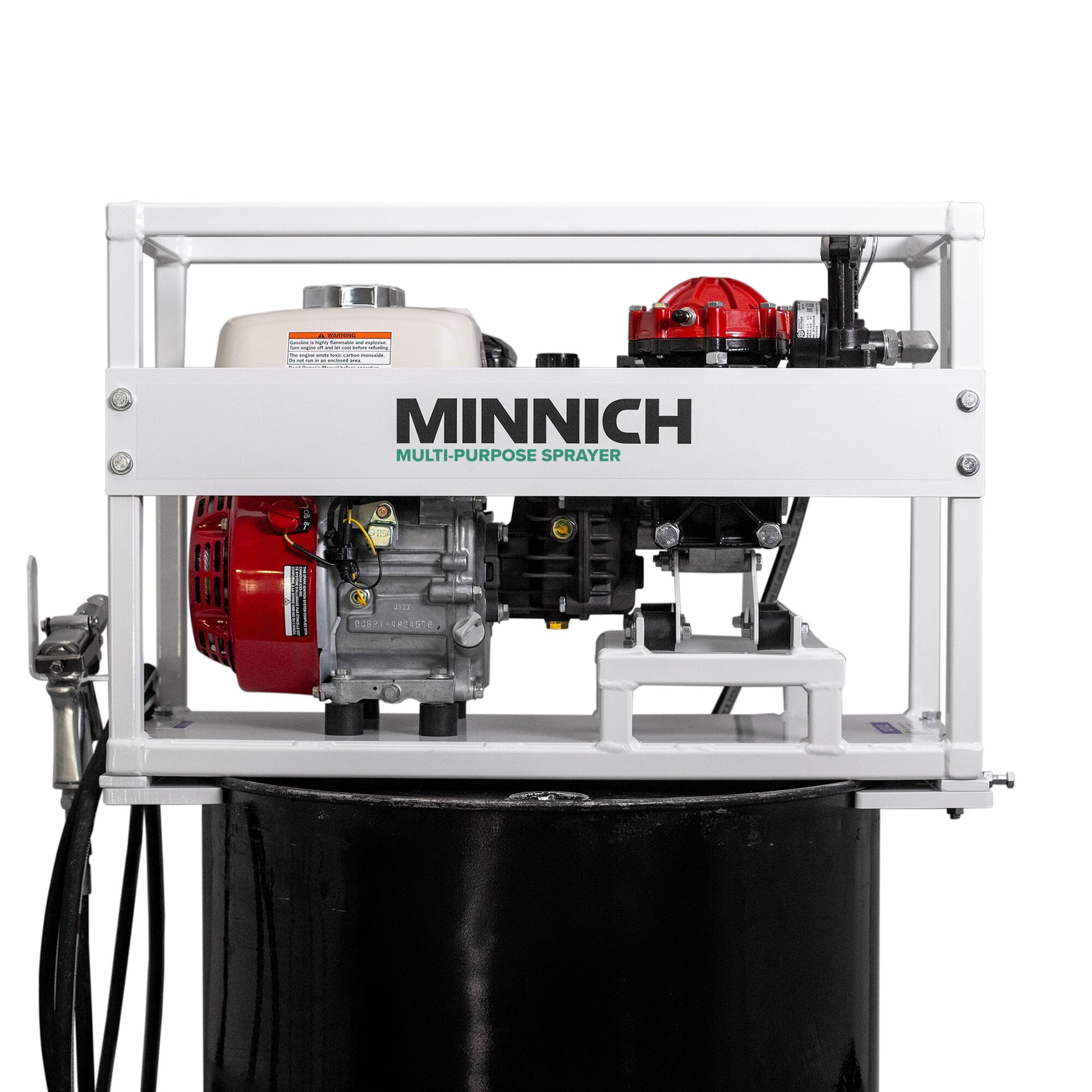 Minnich Multi-Purpose Sprayer mounted on a 50-gallon drum — front view with Honda GX160 engine and diaphragm pump