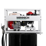 Minnich Multi-Purpose Sprayer mounted on a 50-gallon drum — front view with Honda GX160 engine and diaphragm pump