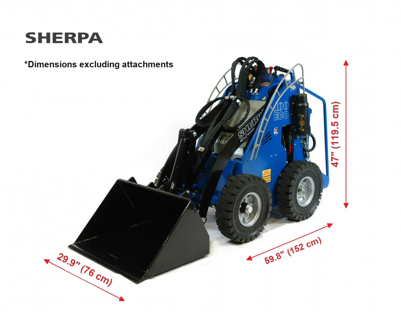Sherpa 100 2Speed dimensions - 47 in tall, 59.8 in long, 29.9 in wide (excluding attachments)